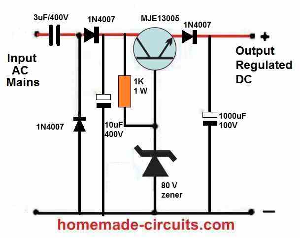 simple regulated transformerless power supply circuit diagram with emitter follower transistor