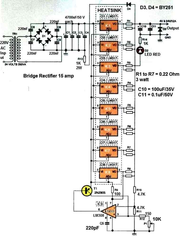 12 Amp Power Supply Circuit using Parallel LM317 ICs - Homemade Circuit Projects