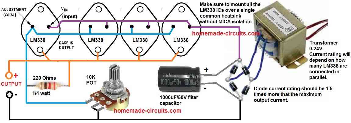 how to connect LM338 IC in parallel to get increased current output