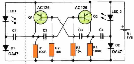 1.5 V LED Flasher Circuit using Transistors
