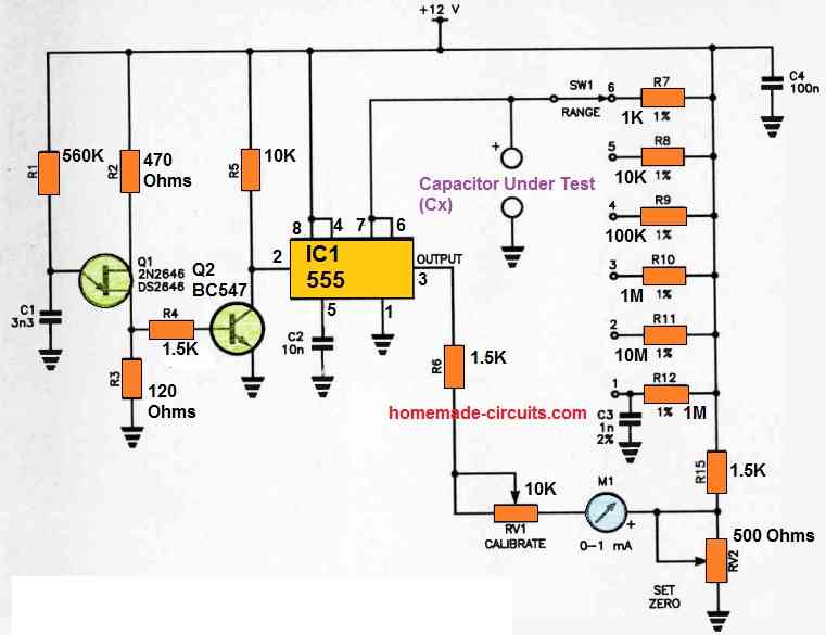 Multi-range Capacitance Meter Circuit using IC 555