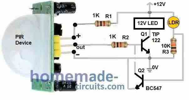Darkness or night time activated PIR lamp circuit