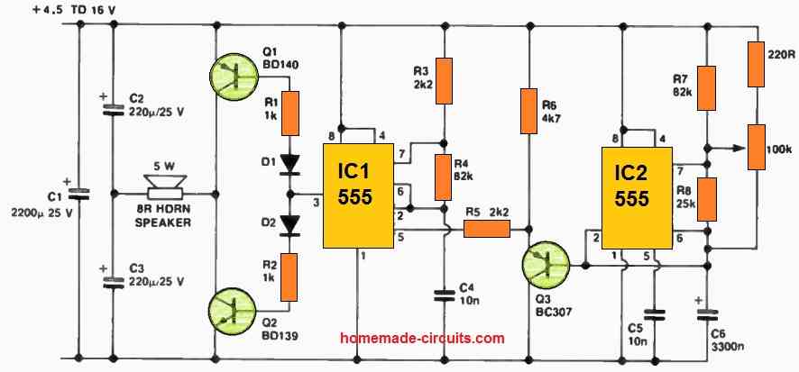 ambulance siren circuit using IC 555