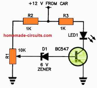 single transistor car battery low indicator circuit