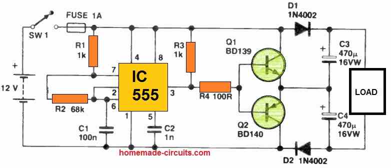 IC 555 Voltage Doubler Circuit with High Current Output