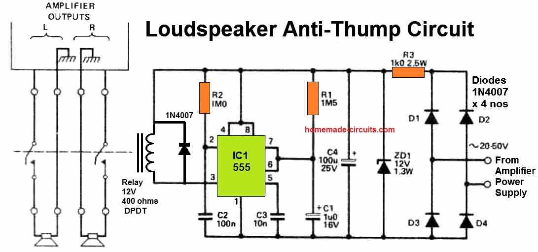 IC 555 anti-thump loudspeaker circuit