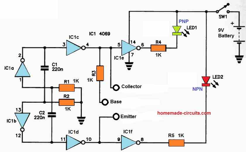 NPN/PNP Transistor Tester Circuit using NOT Gates