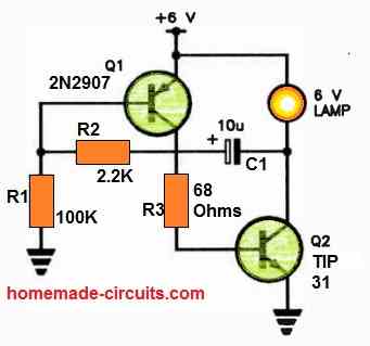 Two Transistor Filament Lamp Flasher circuit