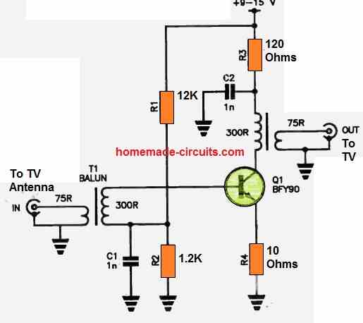 wideband TV antenna booster circuit