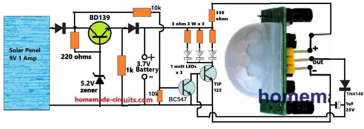 PIR Controlled Solar Garden Light Circuit diagram