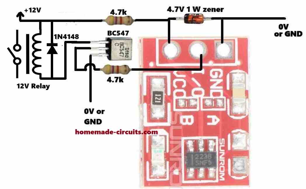 how to connect TTP223 with a 12V relay and a 220V load