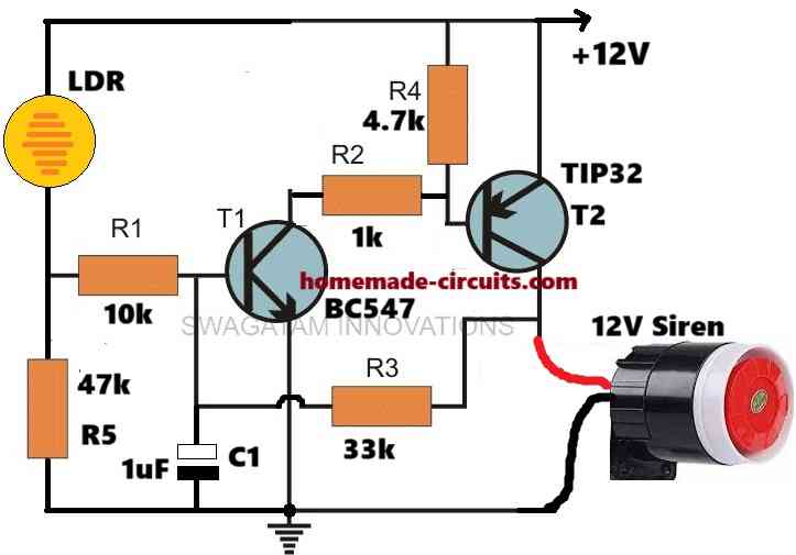 Flashlight Activated Burglar Alarm Circuit Diagram