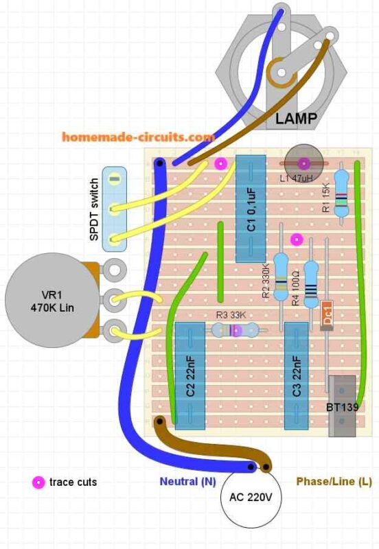 light dimmer ciruit strip board track connection layout diagram