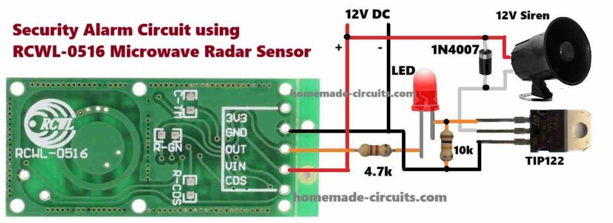 Security Alarm Circuit using RCWL-0516 Microwave Radar Sensor