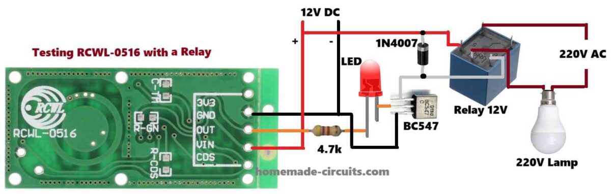 how to connect RCWL-0516 microwave motion sensor with a relay and a 220V load