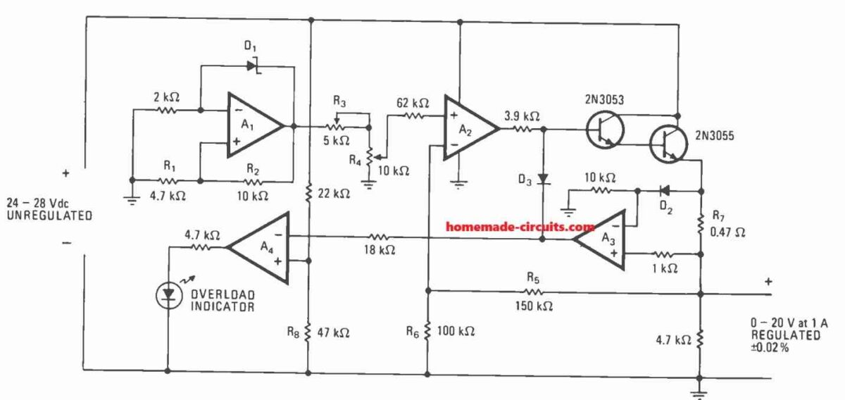 Adjustable Voltage Regulator Circuit using LM324 IC with Over Current Protection