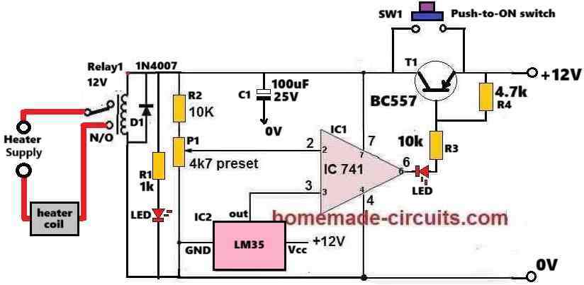 LM35 IC Temperature Controller Circuit with Push Button