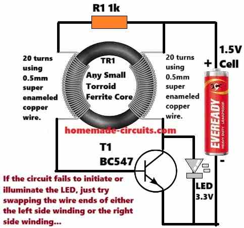 simple joule thief circuit for illuminating a 3.3V LED using a 1.5V battery, until no charge is left inside the battery