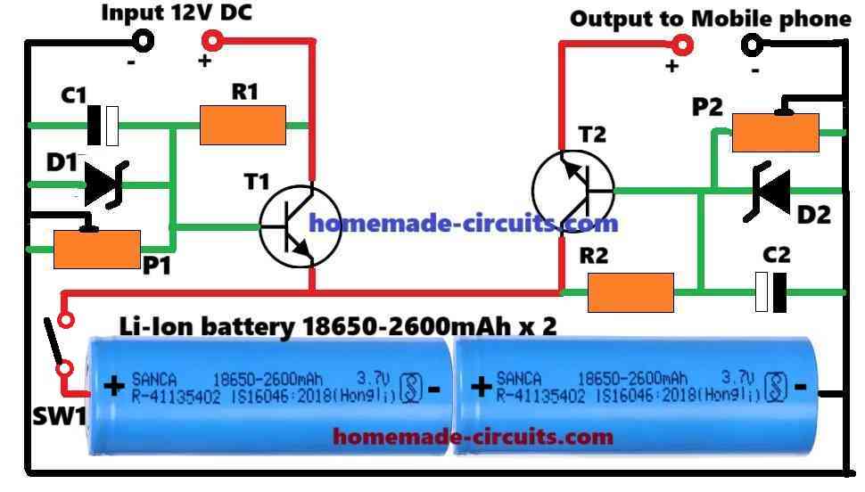 Simple Power Bank Circuit using 18650 Li-Ion Batteries
