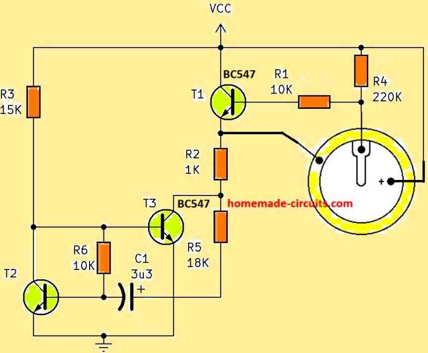 Intermittent Piezo Buzzer Circuit using Transistors