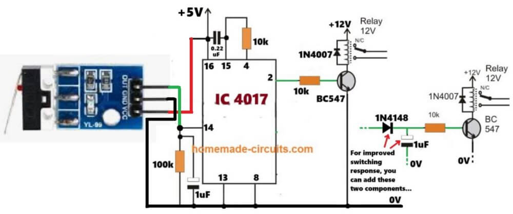 Impact Collision Switch Sensor Module interfacing with 4017 IC flip flop