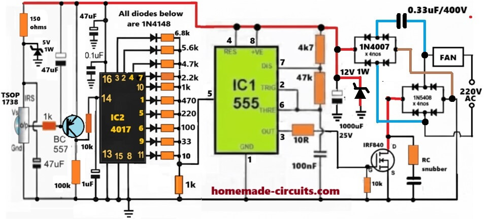 IR fan remote control circuit with transformerless power supply built in