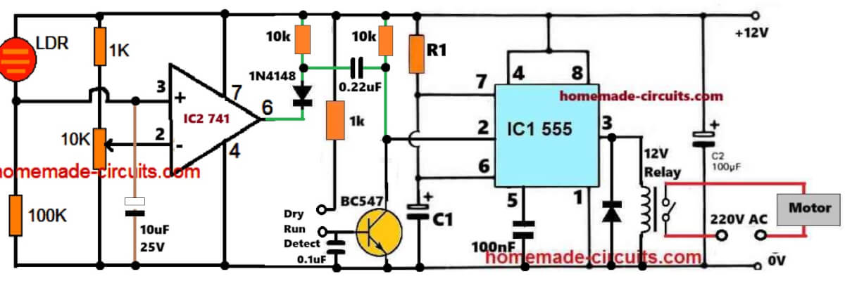 dusk time activated 555 water pump controller with dry run protection