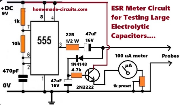 ESR meter circuit for checking high value capacitors such as 10,000uF