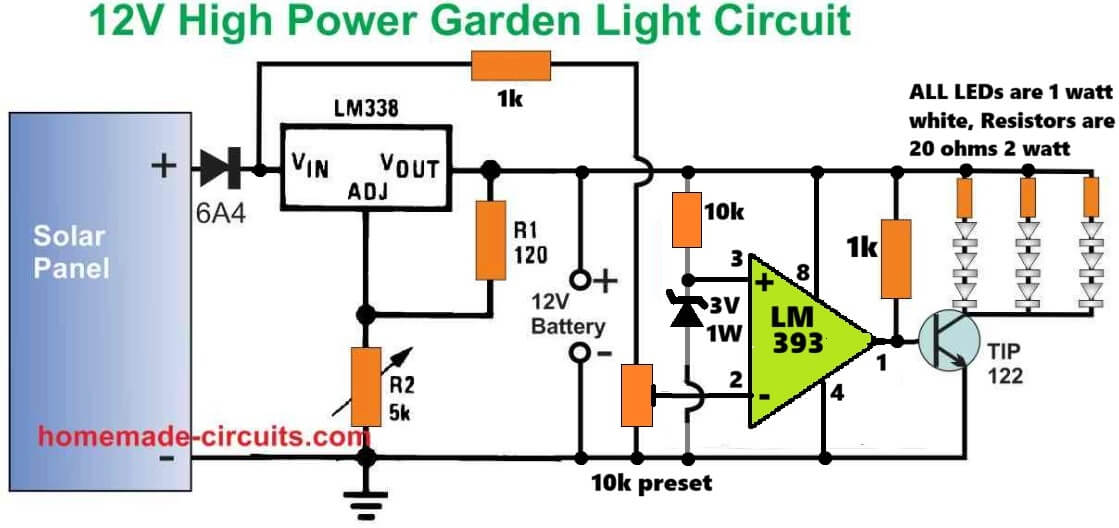 high power solar garden light circuit with adjustable LED turn ON preset