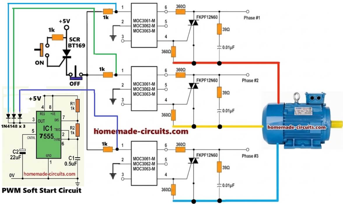 3 phase motor electronic push button ON OFF with soft start circuit