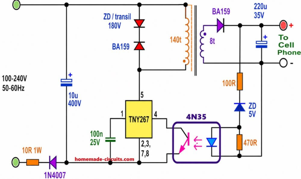 220V AC to 5V DC SMPS mobile charger circuit for all smartphones