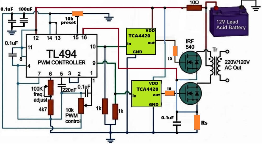 TL494 inverter circuit with frequency adjust, pwm adjust and current control