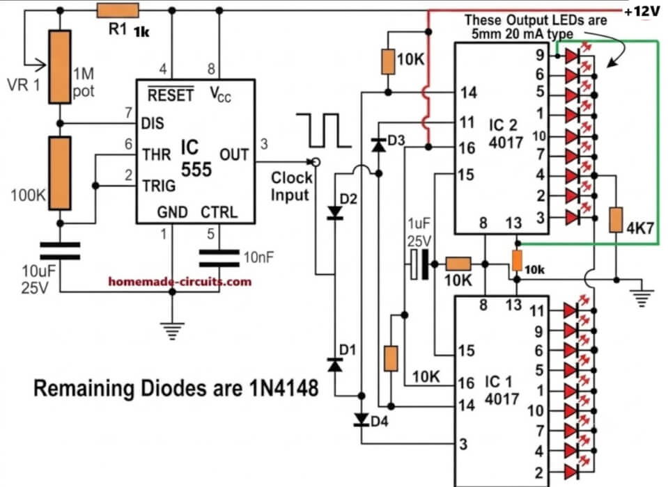 18 LED chaser circuit with one shot, one cycle operation until reset