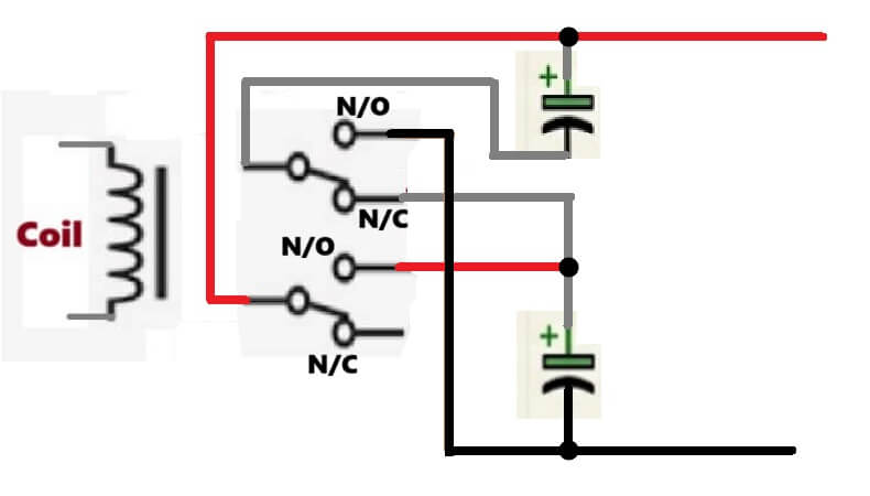 capacitors series parellel using DPDT relay