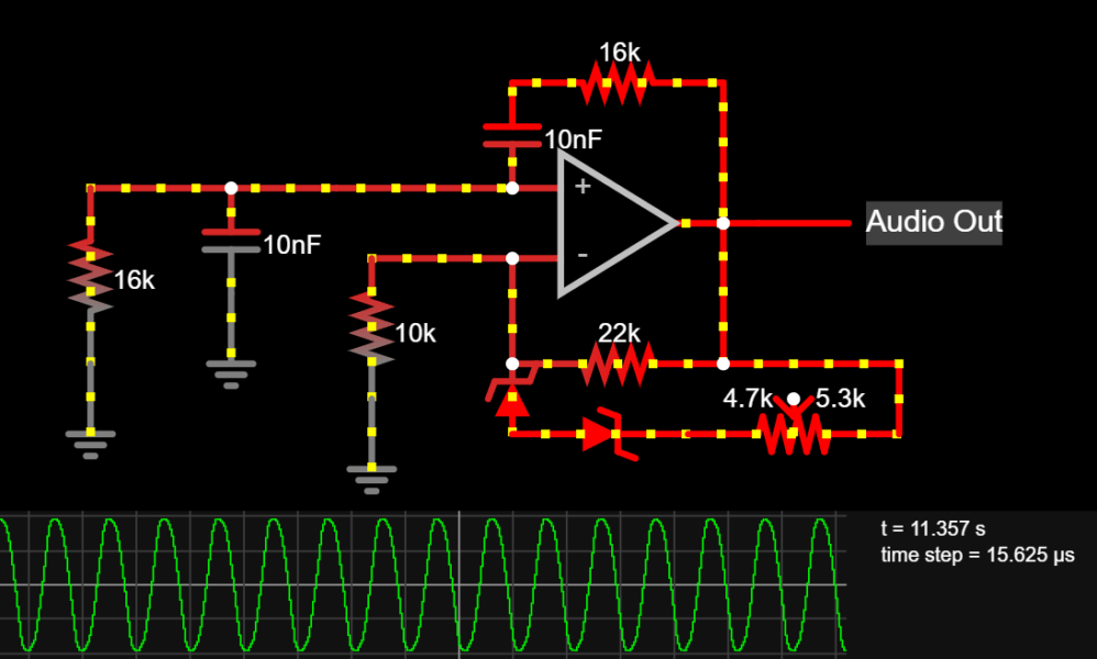 zener stabilized wien bridge sine oscillator simulation results