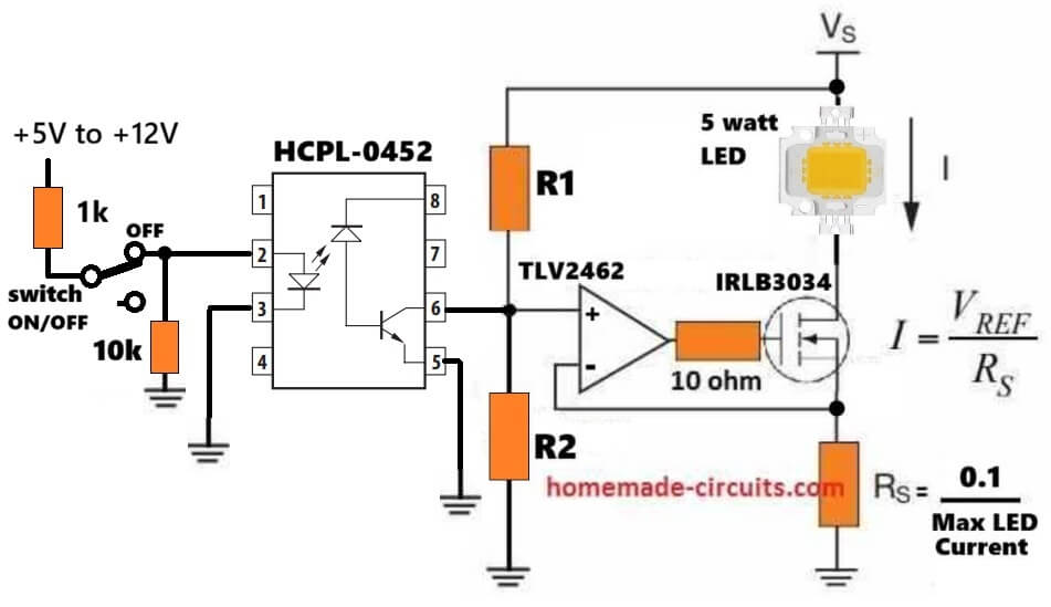 LED current regulation with opamp and optocoupler ON OFF